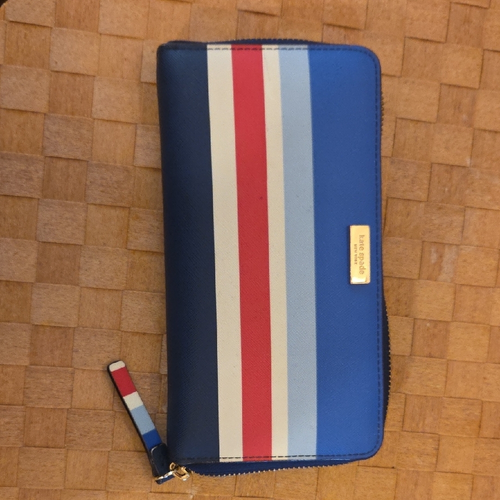 Kate Spade Blue Wallet with Red and White Stripes